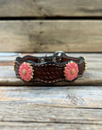 Leather Dog Collar With Pink Flower Conchos 10" to 22" W228S -DC72