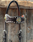 Dark Oil Buckstitch Gold Cross Browband/One Ear and Breastcollar Tack Set