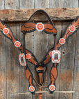 Two Tone Leaf Neon Orange Browband/One Ear Headstall & Breastcollar Tack Set