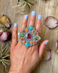 Mosaic Cluster Ring – Sterling Silver – Sonoran Mountain, Blue Ridge Turquoise & Spiny Oyster – Size 9 – Artist Shay Pfeiffer