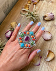 Mosaic Cluster Ring – Sterling Silver – Sonoran Mountain, Blue Ridge Turquoise & Spiny Oyster – Size 9 – Artist Shay Pfeiffer
