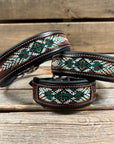 Tooled Green and Brown Leather Beaded Dog Collar
