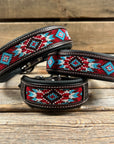 Tooled Red and Blue Leather Beaded Dog Collar