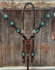 Medium Floral Teal Dot Teal and Champagne One Ear Headstall - Breastcollar Tack Set