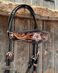 Triple Tone Floral Ruby, Jet and Champagne Browband - Triangle / Gladiator Breastcollar Tack Set