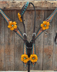 Multi Flower Gardenia & Turquoise One Ear - Breastcollar Tack Set