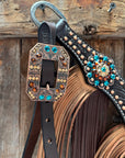Dark Oil Floral Copper Dot Teal and Champagne Browband / Breastcollar Tack Set