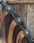 Dark Oil Floral Copper Dot Teal and Champagne Browband / Breastcollar Tack Set