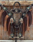 Dark Oil Floral Copper Dot Teal and Champagne Browband / Breastcollar Tack Set