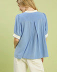 UMGEE Linen Blend Contrast Trim Top PERIWINKLE