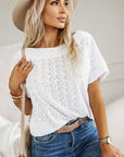 White Eyelet Pattern Boat Neck Casual Tee