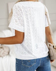White Eyelet Pattern Boat Neck Casual Tee