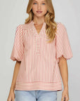 SHE+SKY BUBBLE SLEEVE STRIPED WOVEN TOP