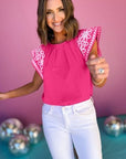 Sachet Pink Floral Embroidered Flutter Sleeve Pleated Neck Blouse