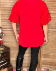 Red lace puff short sleeve