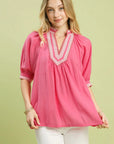 UMGEE Solid Contrast Trim Pleated Top PINK
