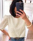 Beige Eyelet Embroidered Puff Sleeve Blouse