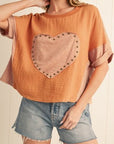 Desert Gold Stud Heart Patch Textured Dolman Top