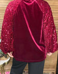 Burgundy fleece sequin long sleeves women blouse with buttons
