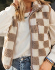 Khaki Checkered Sherpa Collared Jacket Vest