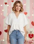 UMGEE Smocked V-Neck Puff Sleeve Top