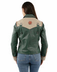 Luxurious Teal Leather Zippered Front Jacket With Exquisite Floral Inlay For Women