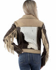 Zip Front Western Inspired Cowhide Leather Jacket With Fringe Sleeves And Pockets