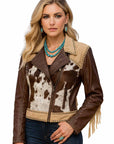 Zip Front Western Inspired Cowhide Leather Jacket With Fringe Sleeves And Pockets