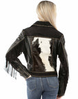 Zip Front Western Inspired Cowhide Leather Jacket With Fringe Sleeves And Pockets
