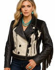 Zip Front Western Inspired Cowhide Leather Jacket With Fringe Sleeves And Pockets