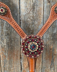 Light Oil Basketweave Champagne and Red One Ear & Breastcollar Tack Set