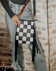 Checkered Cowhide Fringe Purse With Suede Fringe And Leather Strap