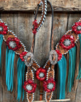 Light Oil Whipstitch Red and Turquoise One Ear/ Breastcollar Tack Set