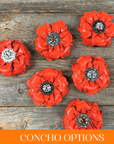 Bright Orange Gardenia Leather Flowers - 1" Crystal Conchos - Options