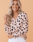 Dotted Buttoned V-Neck Frilled Puff Sleeve Blouse