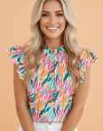Abstract Floral Ruffle Flutter Sleeve Blouse