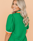 Colorblock Trim V-Neck Short Sleeve Blouse