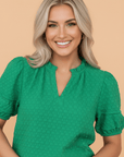 Textured Short Puff Sleeve Notch V-Neck Top
