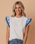 Floral Patchwork Flutter Sleeve Ricrac Trim Blouse