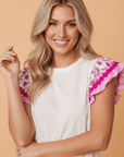 Floral Patchwork Flutter Sleeve Ricrac Trim Blouse