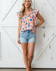 Flower Notch Neck Ruffle Sleeve Blouse