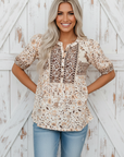 Boho Floral Half Placket Short Sleeve Blouse