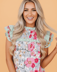 Floral Stripe Patchwork Ruffle Short Sleeve Blouse