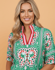 Boho Abstract Contrast Stripe Collared V-Neck Blouse