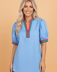 Contrast Stripe V-Neck Short Puff Sleeve Blouse