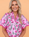Floral Lace Detail Frilled V-Neck Short Sleeve Blouse
