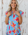 Floral V-Neck Pompom Trim Flutter Sleeve Blouse