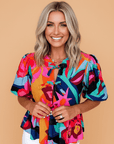Floral Abstract Front Tie Puff Sleeve Blouse