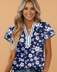 Floral Contrast Trim Split Neck Ruffle Sleeve Blouse