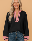 Colorblock V-Neck Textured Long Sleeve Blouse